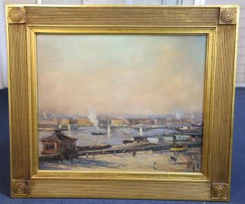 J. Desotta, oil on canvas board, City riverscape, signed, 49 x 59cm